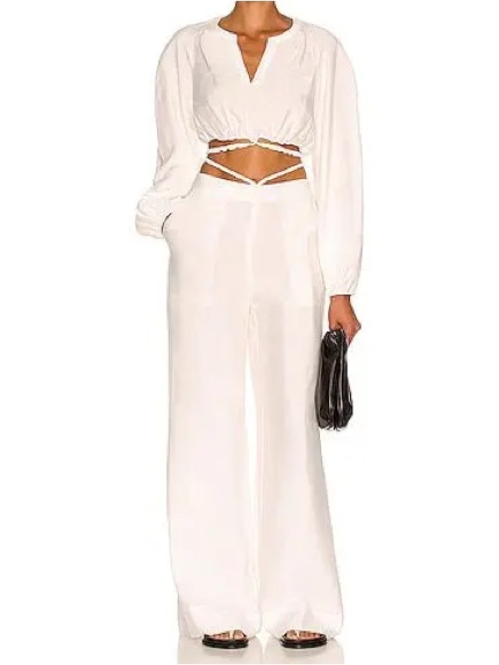 SIMKHAI Othello Top in White Split Neckline Elastic Strap Cropped Waist Tie Sm
